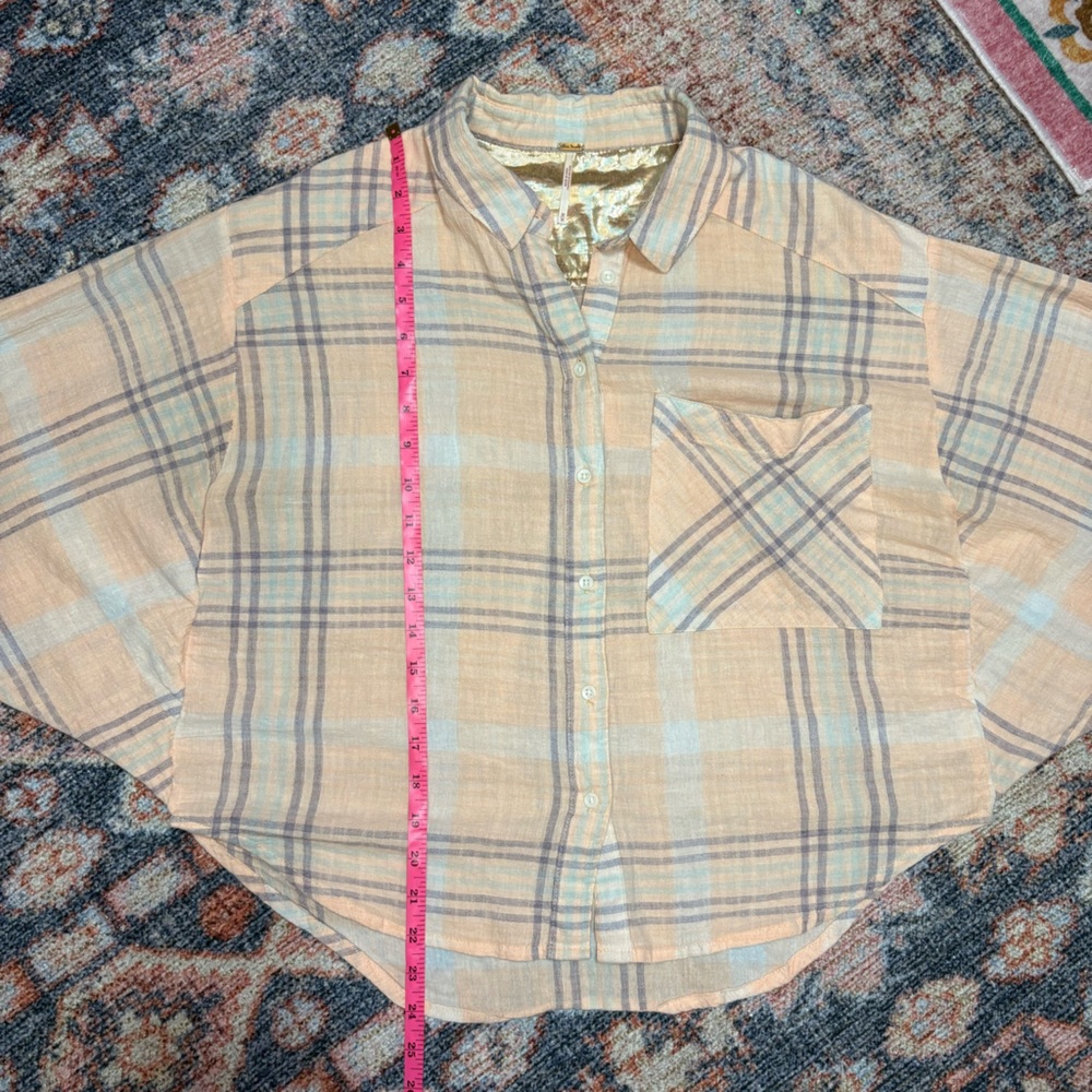 Free People Cutie Cropped Plaid Shirt Oversized Dolman Sleeve Top Size Medium - Picture 16 of 16